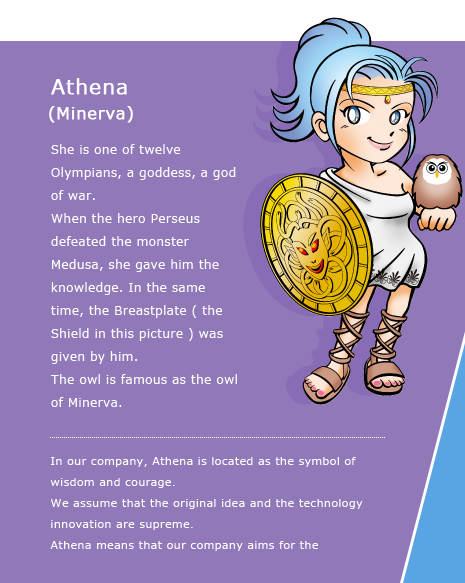 Athena (Minerva) - She is one of twelve Olympians, a goddess, a god of war. When the hero Perseus defeated the monster Medusa, she gave him the knowledge. In the same time, the Breastplate ( the Shield in this picture ) was given by him. The owl is famous as the owl of Minerva.